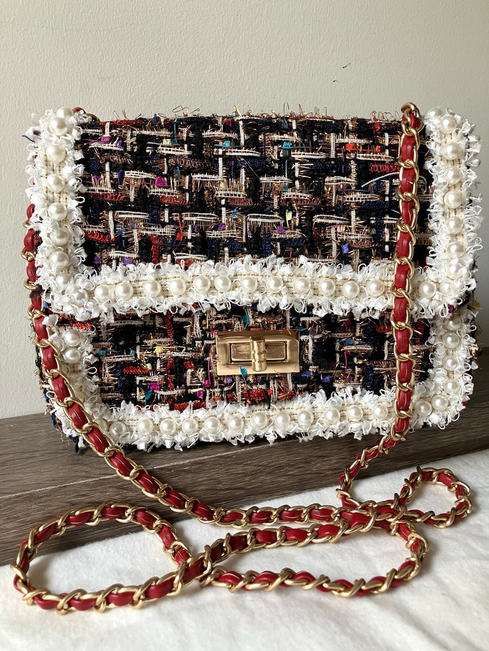 Black Plaid Purse Mini Crossbody Handbag Multicolor Tweed, Faux Pearl Trim